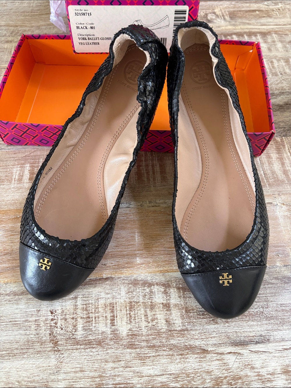 Tory Burch Black Scalloped Snake-Embossed Ballet Flats with Gold Logo